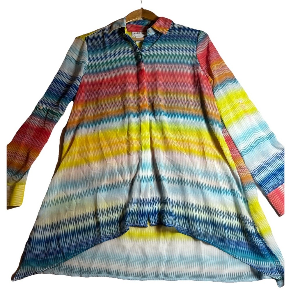 Peck & Peck Blouse Women Small Rainbow Sheer Button Tunic Beach Cover Up